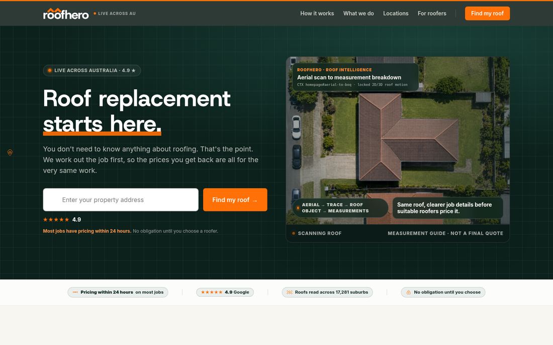Live roofhero.com.au desktop first screen