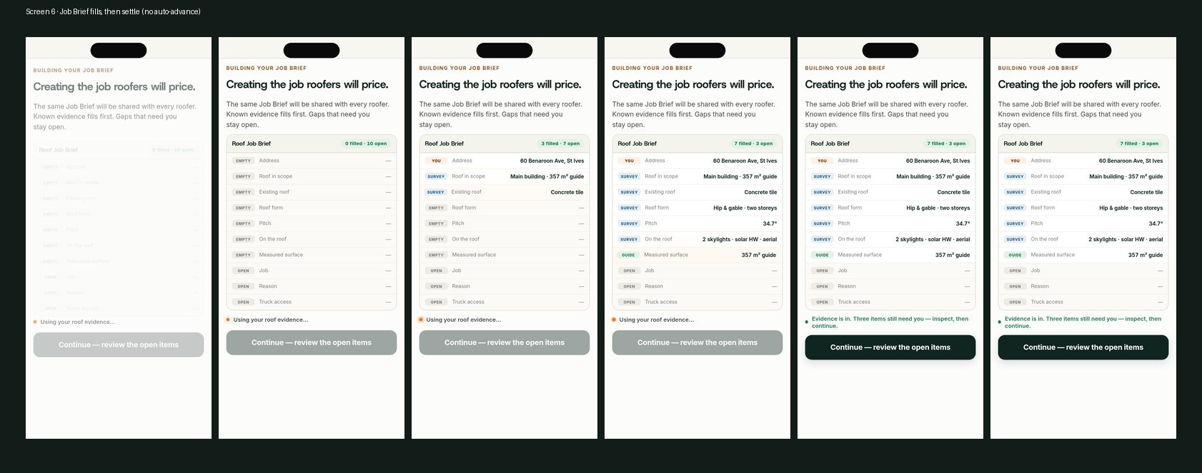 Screen 6 Job Brief motion strip — settle, no auto-advance